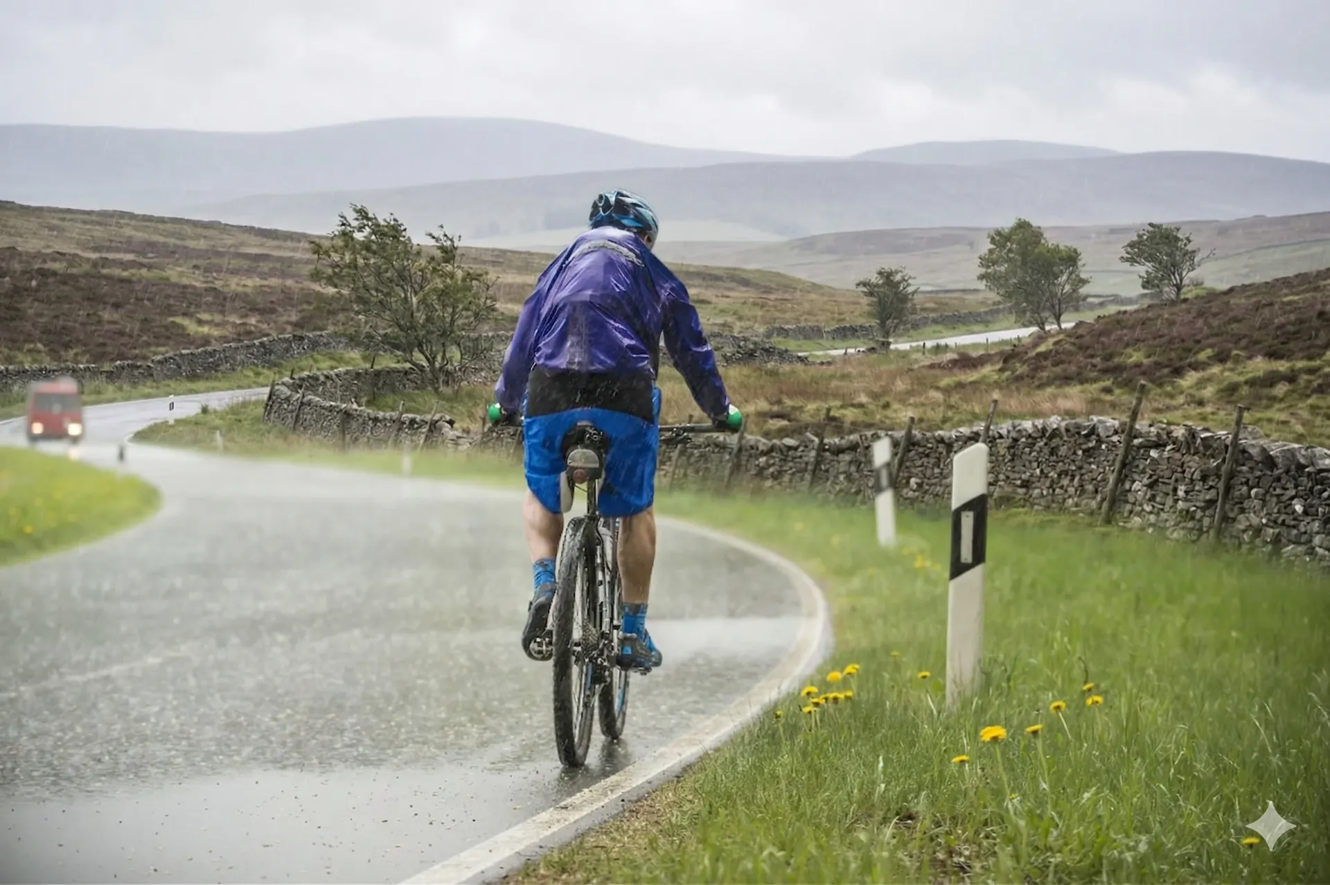 Cycliste équipé sous la pluie en ville