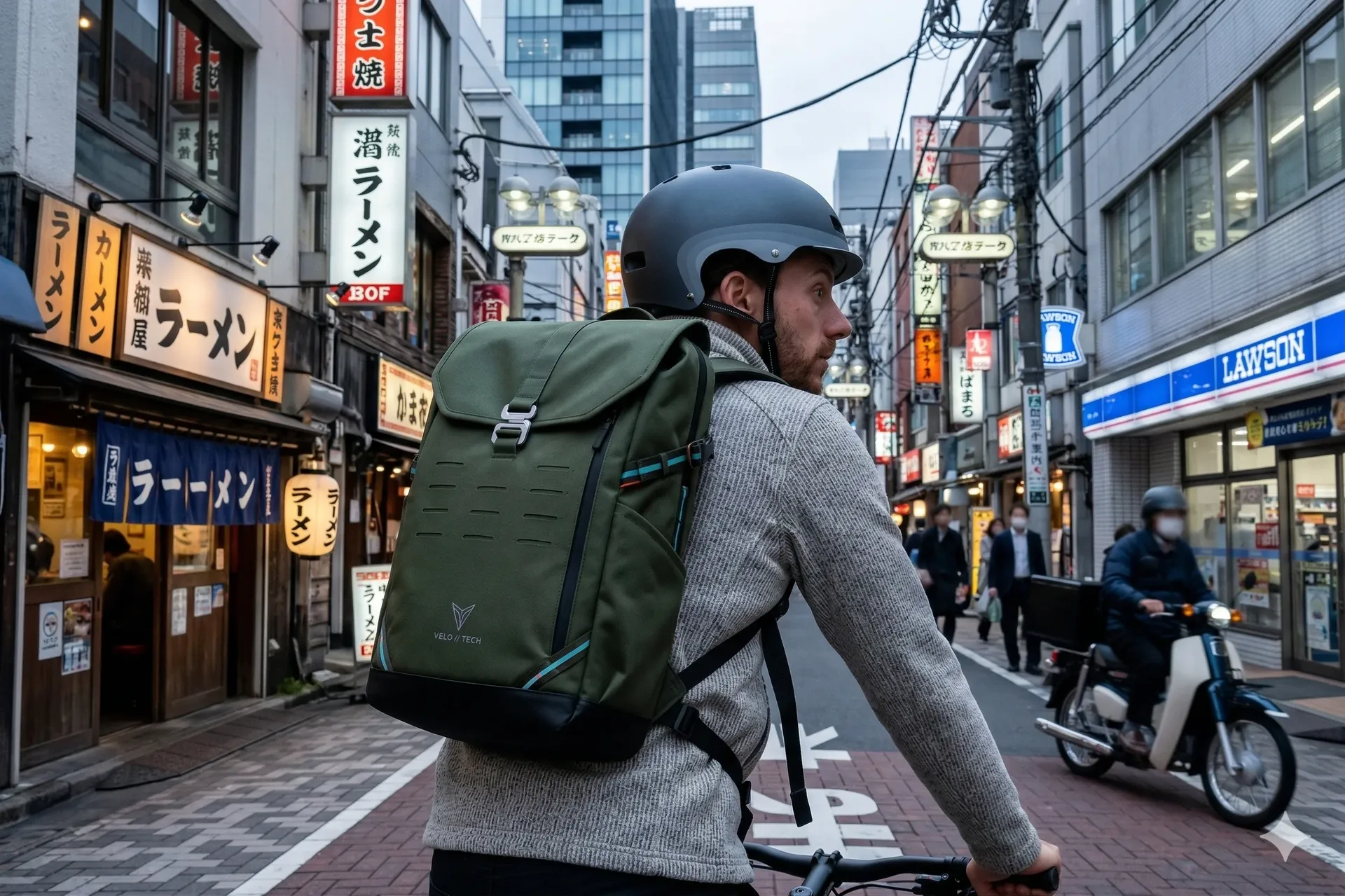 Cycliste avec sacoche de vélo en milieu urbain